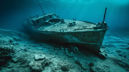 Fototapeten Old ancient pirate ship laying on sea bottom wallpaper background  © Irina