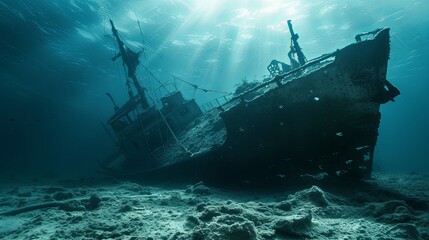 Fototapeta premium Old ancient pirate ship laying on sea bottom wallpaper background 