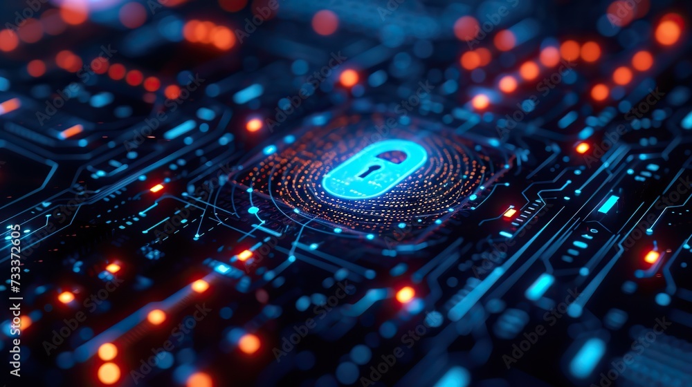 Poster a high-tech digital lock symbol glowing on a complex circuit board, representing advanced cybersecur