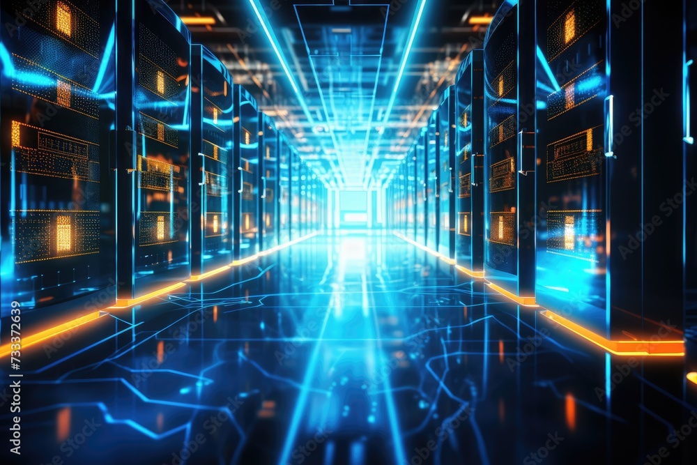 Poster a glowing network of connections in data center data storage, data center and network devices in hig
