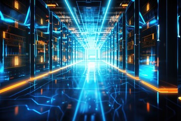 A glowing Network of connections in data center data storage, Data center and network devices in high performance operation, Ai generated