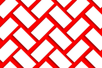 Mockup of stacks of white business cards arranged in rows on a red textured paper background.