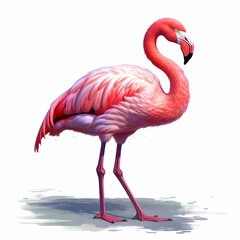 Vivid Pink Flamingo Standing Gracefully Isolated on White Background