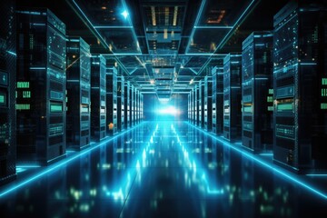 A glowing Network of connections in data center data storage, Data center and network devices in high performance operation, Ai generated
