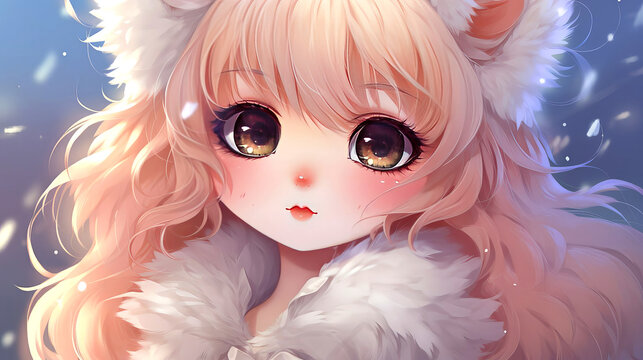 Beautiful girl princess with large expressive eyes in clothes made of cream feathers, a magnificent hairstyle, on an abstract background. Ears.