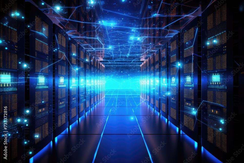 Poster a glowing network of connections in data center data storage, data center and network devices in hig