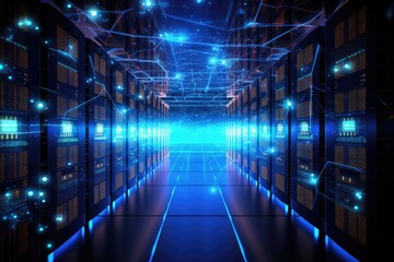 A glowing Network of connections in data center data storage, Data center and network devices in high performance operation, Ai generated