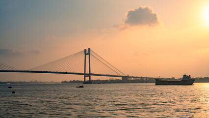 Fototapeta na wymiar Vidyasagar Setu bridge over Hooghly River in Kolkata, West Bengal, India