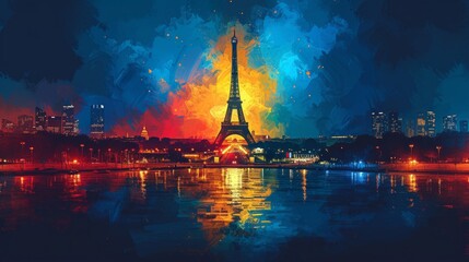 Vibrant Artistic Interpretation of Eiffel Tower at Night, Parisian Skyline - obrazy, fototapety, plakaty