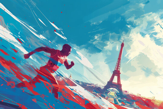 Dynamic Runner Against Eiffel Tower Backdrop, Artistic Athleticism