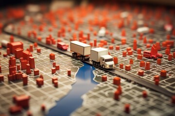 Obraz premium Top view of a model of a truck standing on a map, freight transportation concept