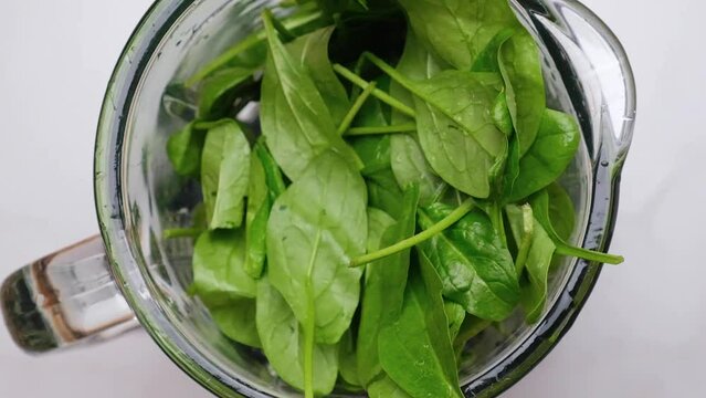 Cooking spinach smoothie in blender. Pouring green vegetable leaves in blender. Slow motion. Healthy drink concept. Top view