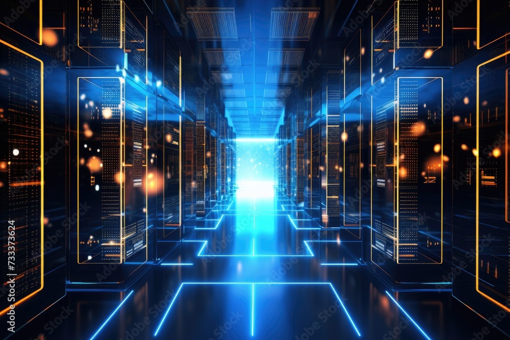 Poster a glowing network of connections in data center data storage, a modern data center featuring multipl