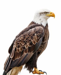 Fototapeta premium Side profile of a bald eagle with sharp eyes and a strong beak, standing regally with detailed plumage.