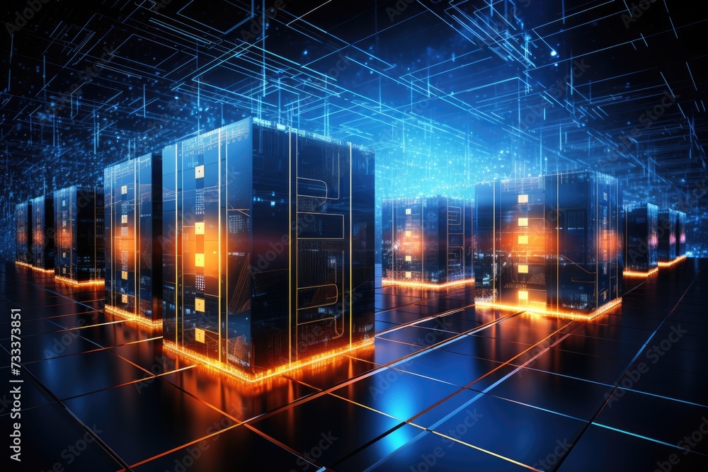 Poster a glowing network of connections in data center data storage, a modern data center featuring multipl