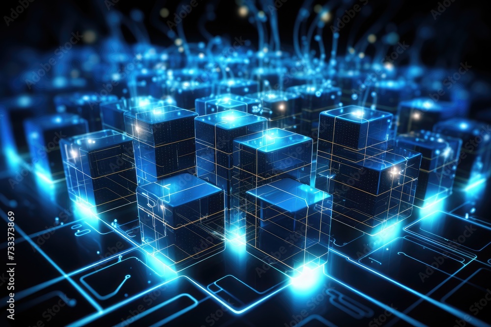 Poster a glowing network of connections in data center data storage, a modern data center featuring multipl