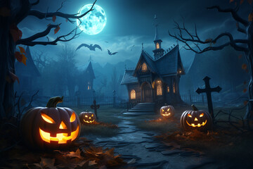 Fototapeta na wymiar Halloween background with hounted house and pumpkins