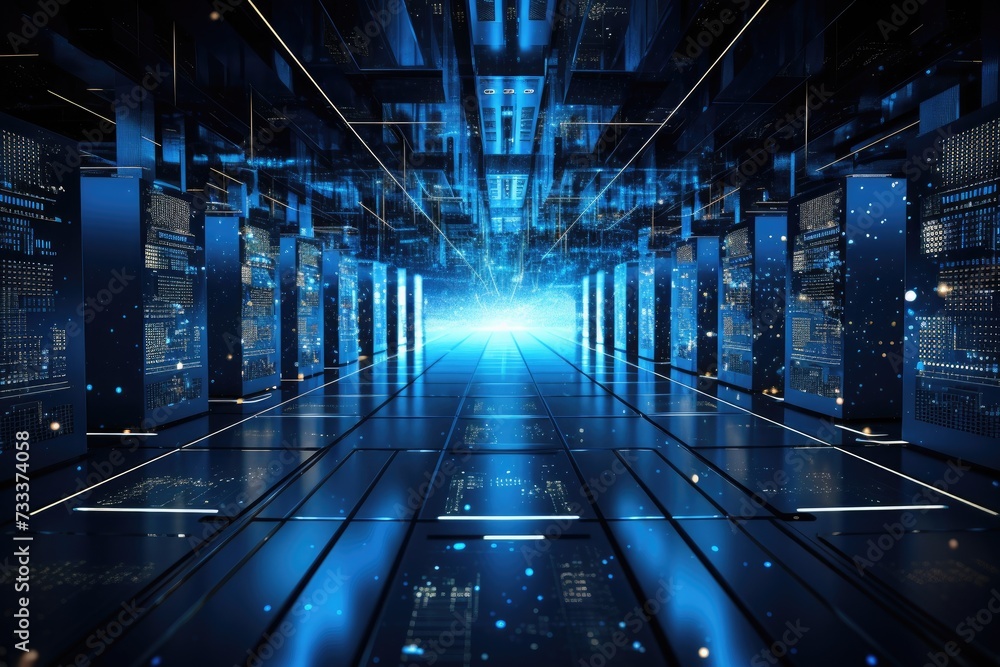 Poster a glowing network of connections in data center data storage, depict a state of the art data center 