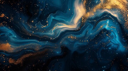 Celestial ribbons of sapphire blue and molten gold entwining in an intricate dance, creating a captivating and cosmic abstract artwork on a backdrop of profound black.  - obrazy, fototapety, plakaty