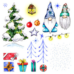 New Year clip art with gnomes and winter holiday elements