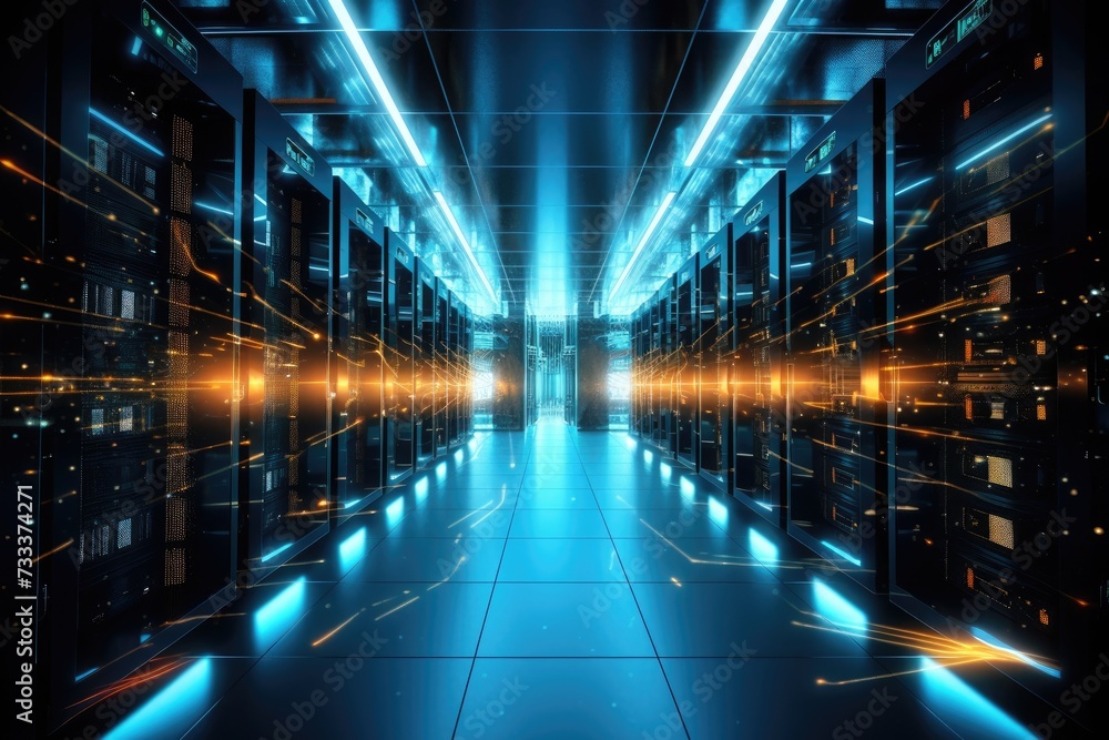 Poster a glowing network of connections in data center data storage, depict a state of the art data center 