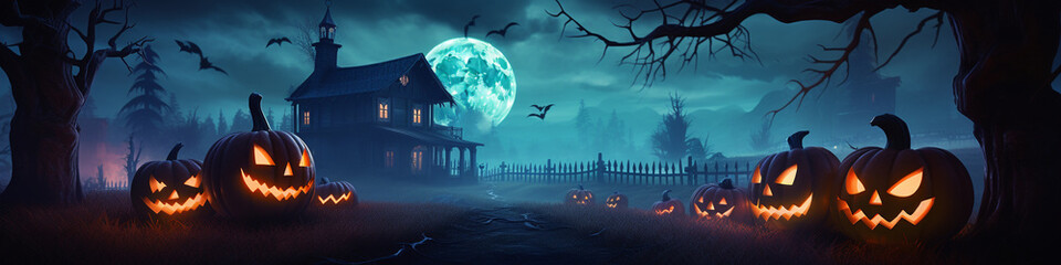 Halloween background with hounted house and pumpkins