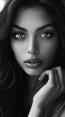 Black and white photo of a beautiful European girl, close-up portrait of a woman
