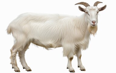 Full side view of a serene white goat with long fur and curved horns, isolated on a white background.