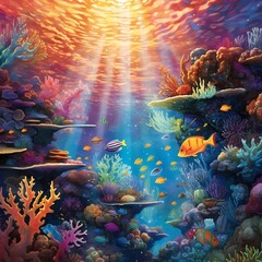 Vibrant Underwater Seascape with Colorful Coral Reef and Marine Life