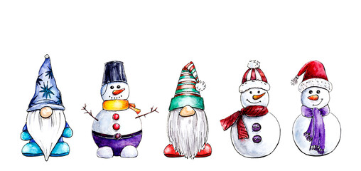 Winter set with isolated funny gnomes and snowmen