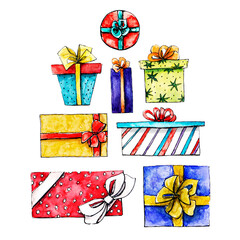 Isolated set of colorful gift boxes using sketch technique