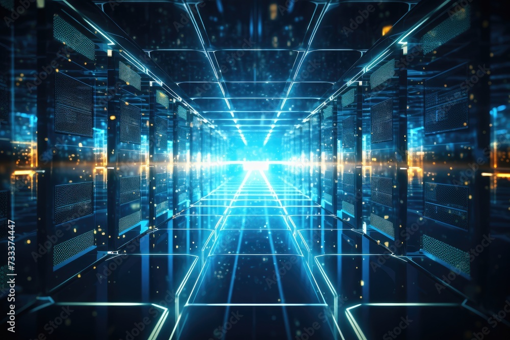 Poster a glowing network of connections in data center data storage, depict a state of the art data center 