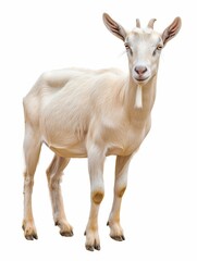 Obraz premium Full side view of a serene white goat with long fur and curved horns, isolated on a white background.