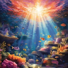 Fototapeta na wymiar Vibrant Underwater Seascape with Sunlight Penetrating Coral Reef
