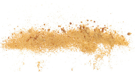 Fototapeta na wymiar Close up unrefined brown cane sugar, scatter isolated on white, macro 