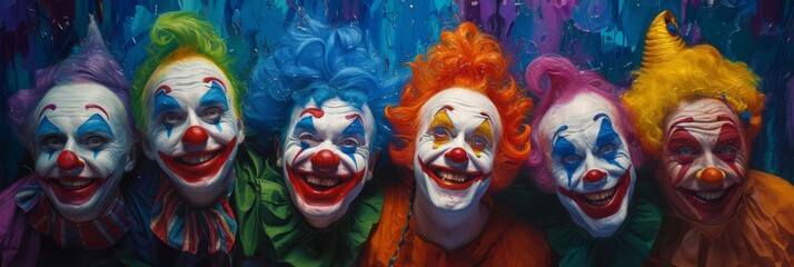 Kind funny clowns in makeup and colorful wigs and with a red nose