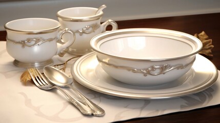 Elegant white porcelain dinnerware with silver trim.
