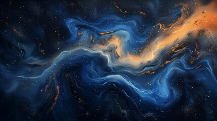 Cosmic ripples of indigo and golden amber swirling in harmony, creating an abstract dance captured in acrylic on a canvas of deep cosmic black. 