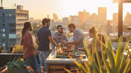 A group of friends enjoying a rooftop barbecue in an urban setting, city skyline in the background, casual and fun atmosphere. Resplendent. - obrazy, fototapety, plakaty