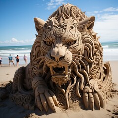 Sand sculpture of a dragon lion. Generative AI
