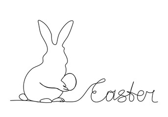 Easter rabbit with egg, one line drawing vector illustration.