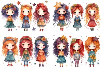 watercolor painting style illustration of cute happy spring girls, isolated on white background, collection set, generative Ai	
