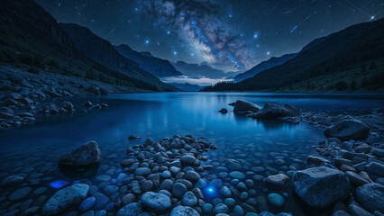 a lake surrounded by rocks and pebbles, with a night sky filled with stars and the Milky Way. In the distance, there are mountains reflecting in the water. ai generative