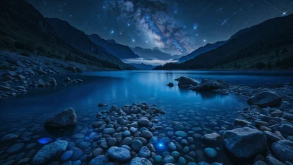 Papier Peint photo Réflexion a lake surrounded by rocks and pebbles, with a night sky filled with stars and the Milky Way. In the distance, there are mountains reflecting in the water. ai generative