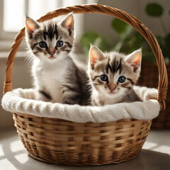 a wicker basket filled with adorable kittens bathed in soft natural light capturing. ai generative