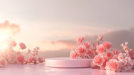 Serene Pink Floral Display on Podium Against Sunset - Ideal for Beauty and Tranquility Concepts