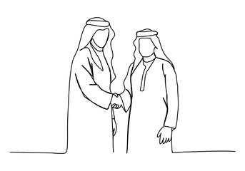 Two muslim men in arabian clothes shake hands, one line drawing vector illustration.