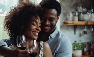 Calm black african american spouses hugging in kitchen with wine glasses. Couple celebrate anniversary, special occasion, enjoy dating together at cozy home. Romantic relationship, st Valentine day