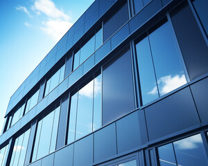 Fototapeta na wymiar Building facade and large windows against a blue sky
