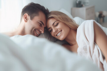 Obraz na płótnie Canvas Happy couple, hug in bed and love with cuddle and romance at home for relationship, smile and bonding. Young people, woman and man relax in bedroom, intimacy and laughing with kiss and talk together